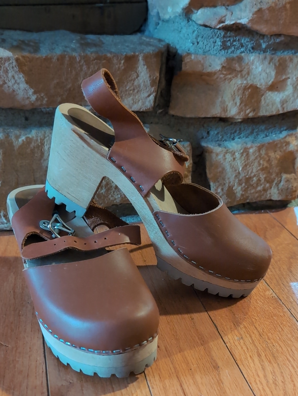 MIA Brown Leather Clog Sandals with Buckle Strap